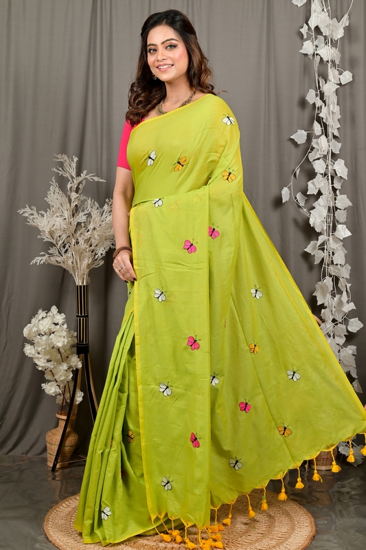 Green Blended Cotton Foyeli Embroidery Handloom saree (3121)