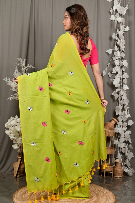 Green Blended Cotton Foyeli Embroidery Handloom saree (3121)