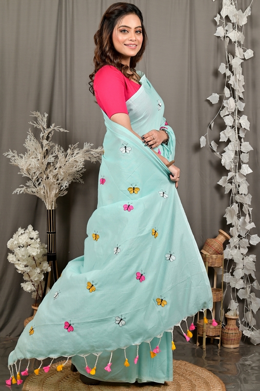 Sky Blue Blended Cotton Foyeli Embroidery Handloom saree (3122)