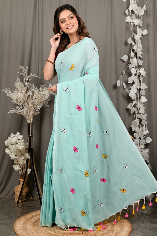 Sky Blue Blended Cotton Foyeli Embroidery Handloom saree (3122)