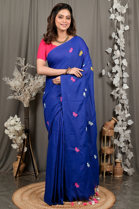 Naby Blue Blended Cotton Foyeli Embroidery Handloom saree (3123)