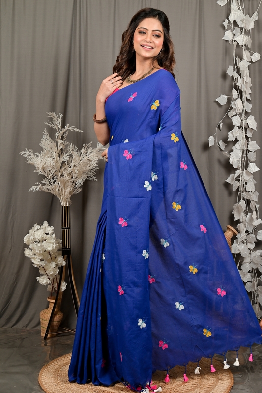Naby Blue Blended Cotton Foyeli Embroidery Handloom saree (3123)