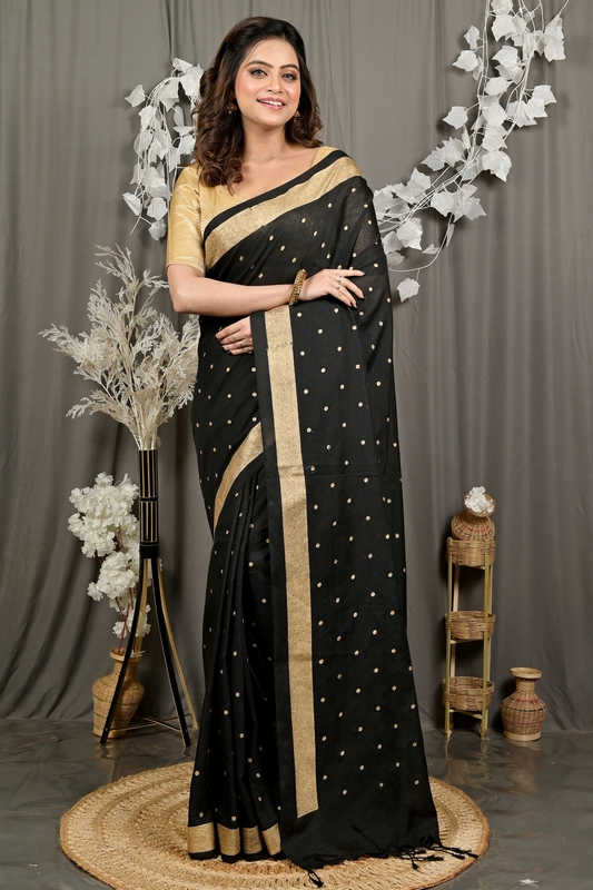 Black Pure Cotton Foyma Tant Saree Print (3125)