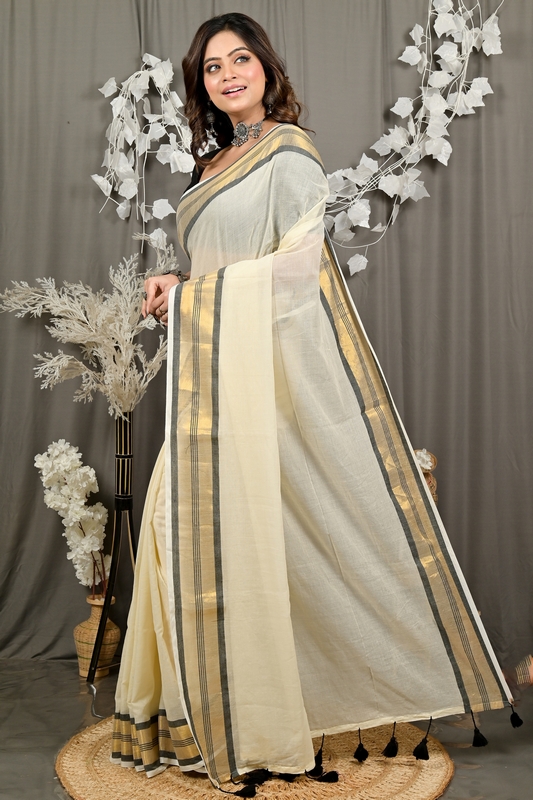 White Brown Cotton Sofeda Hand Loom Saree (3126)
