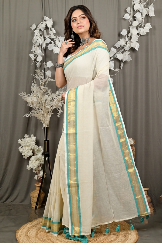 White Gold Cotton Sofeda Hand Loom Saree (3128)