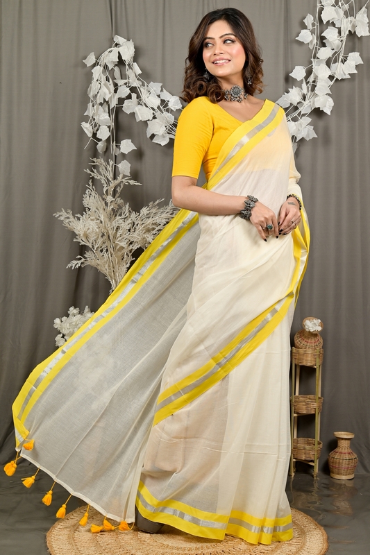 White Yellow Cotton Sofeda Hand Loom Saree (3129)