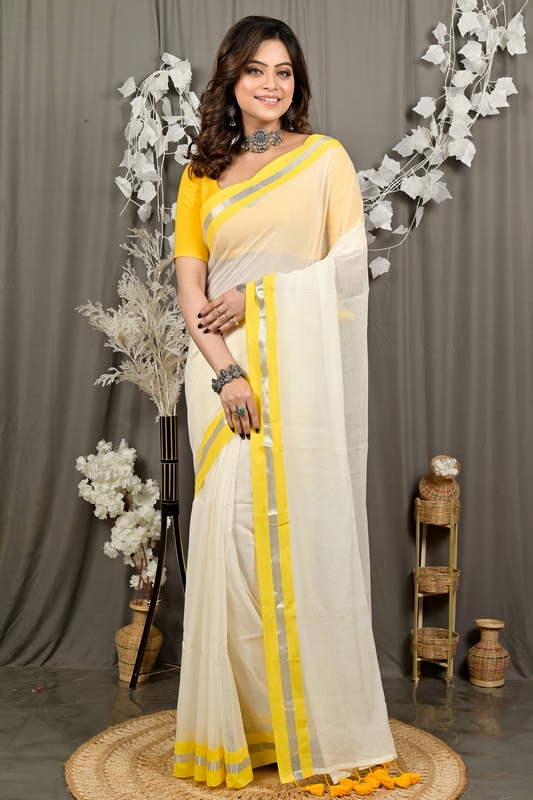 White Yellow Cotton Sofeda Hand Loom Saree (3129)