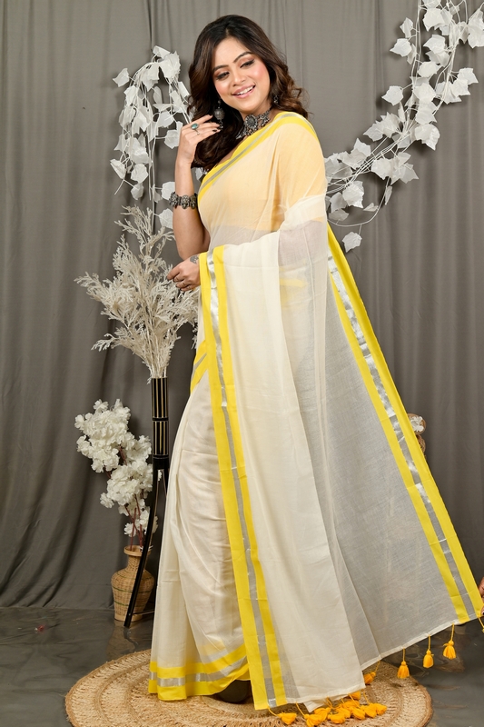 White Yellow Cotton Sofeda Hand Loom Saree (3129)