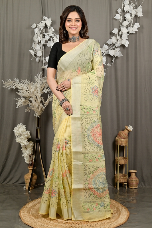 Off Whnite Cotton Varitikath Kantha Stitch Saree (3130)