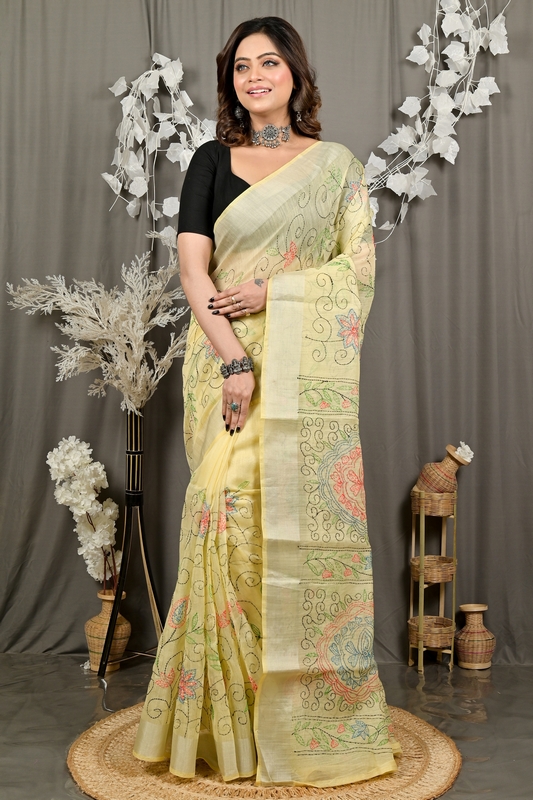 Off Whnite Cotton Varitikath Kantha Stitch Saree (3130)