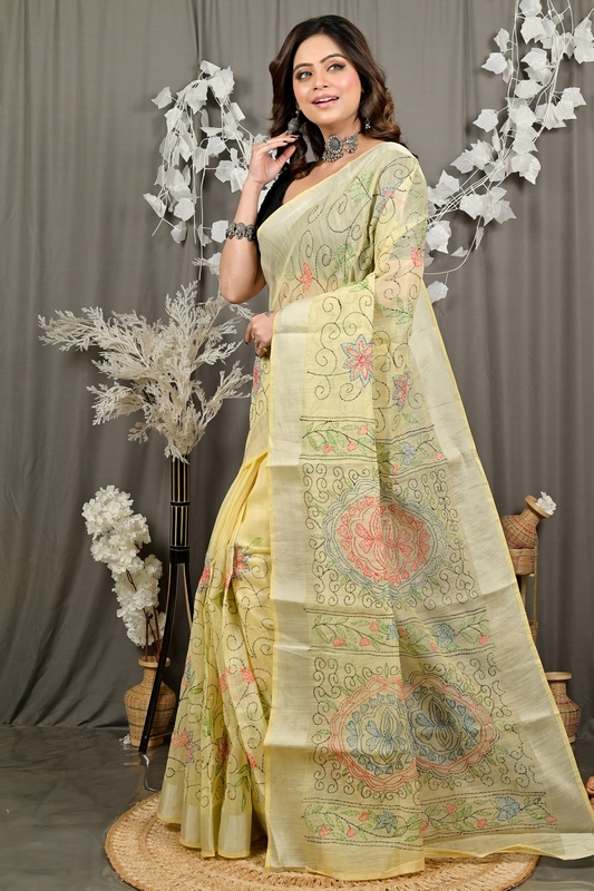 Off Whnite Cotton Varitikath Kantha Stitch Saree (3130)