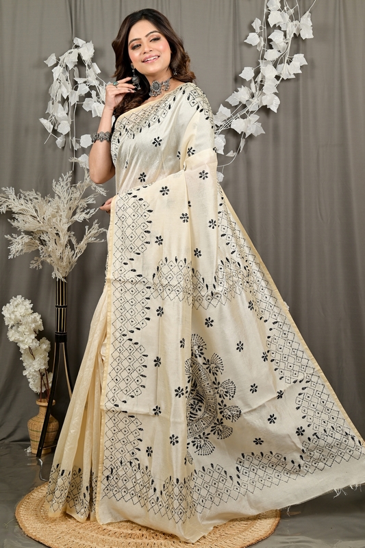 Off White Cotton Varitikath Kantha Stitch Saree (3131)