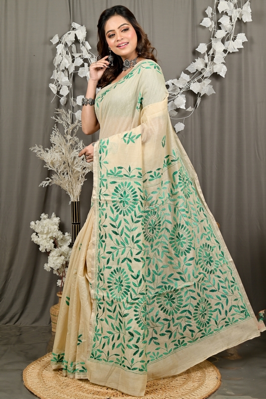 Off White Green Cotton Varitikath Kantha Stitch Saree (3132)