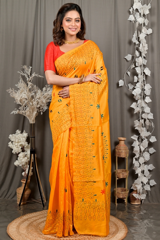 Yellow Cotton Varitikath Kantha Stitch Saree (3133)