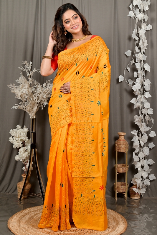 Yellow Cotton Varitikath Kantha Stitch Saree (3133)