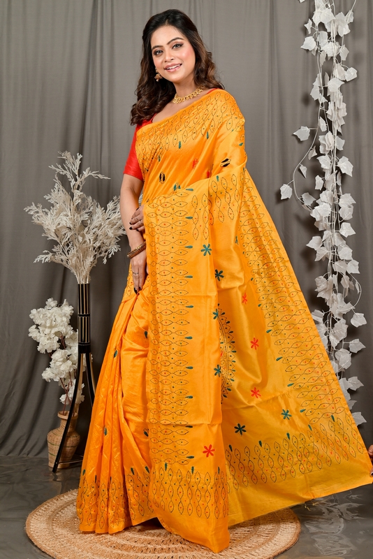 Yellow Cotton Varitikath Kantha Stitch Saree (3133)