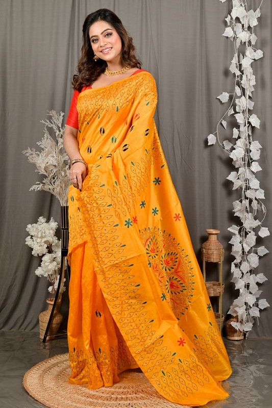 Yellow Cotton Varitikath Kantha Stitch Saree (3133)