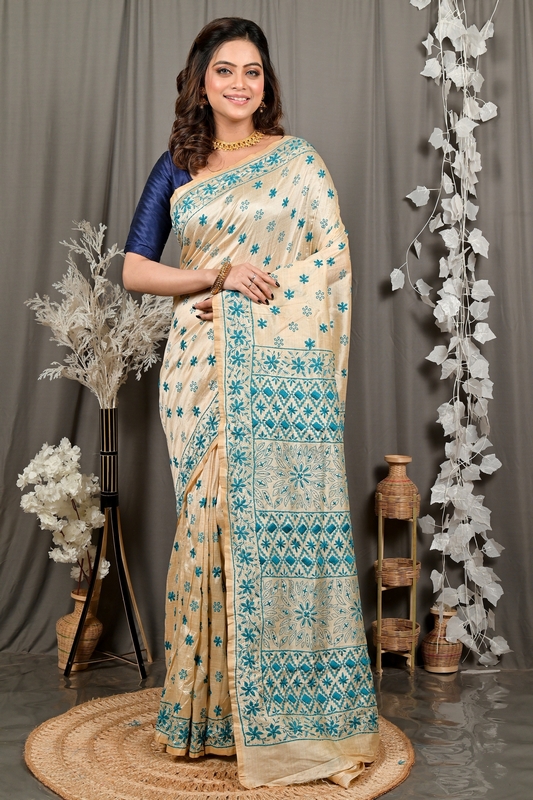 Off White Green Cotton Varitikath Kantha Stitch Saree (3134)