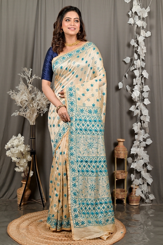 Off White Green Cotton Varitikath Kantha Stitch Saree (3134)