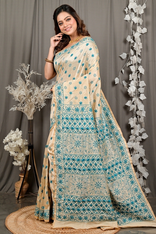 Off White Green Cotton Varitikath Kantha Stitch Saree (3134)