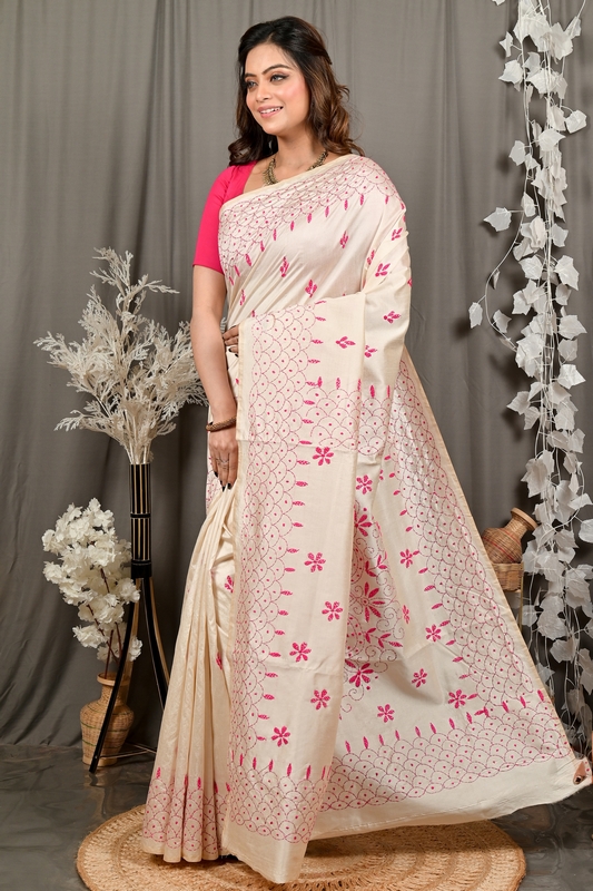Off White Pink Cotton Varitikath Kantha Stitch Saree (3135)