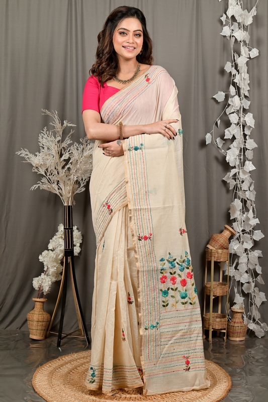 Cream Cotton Varitikath Kantha Stitch Saree (3136)