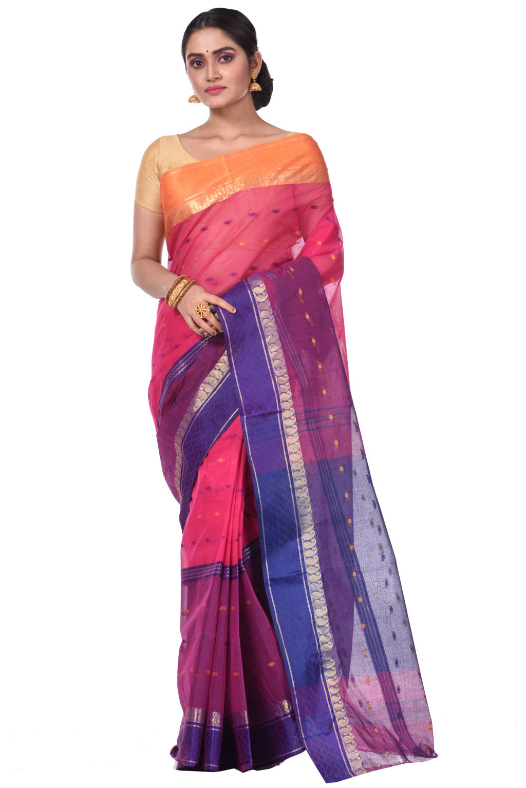 Pink Pure Cotton Ganga Jamuna_Buti Tant Saree (647)