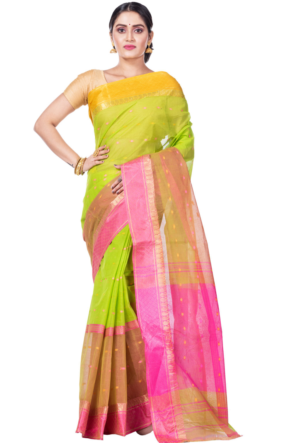 Light Green Pure Cotton Ganga Jamuna_Buti Tant Saree (649)