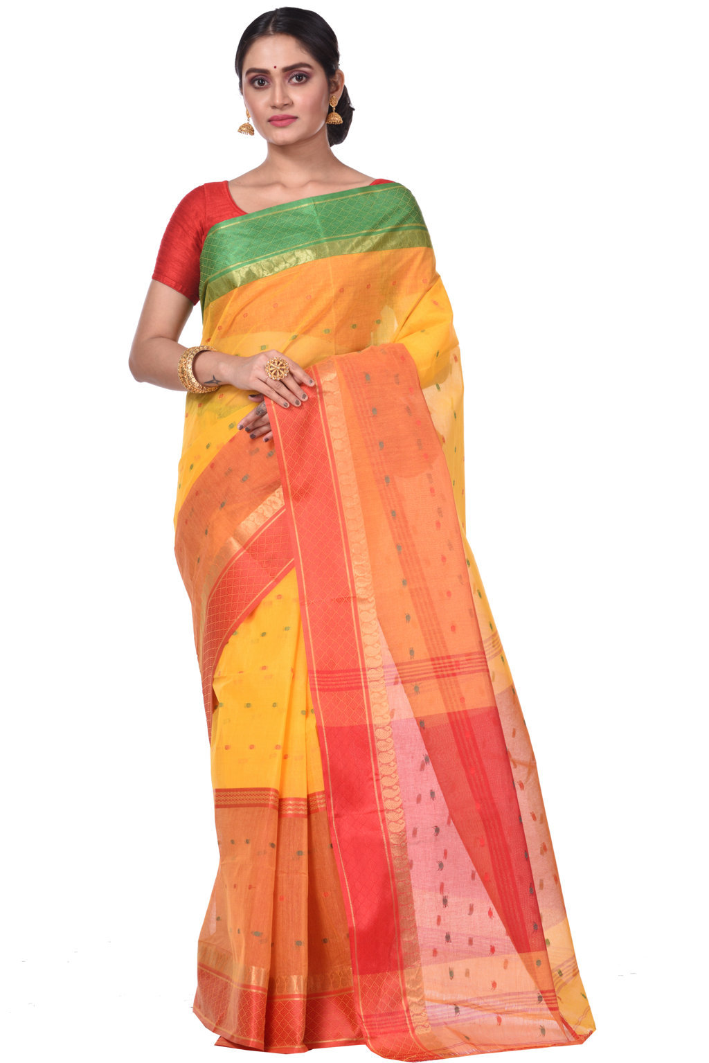 Yellow Pure Cotton Ganga Jamuna_Buti Tant Saree (650)