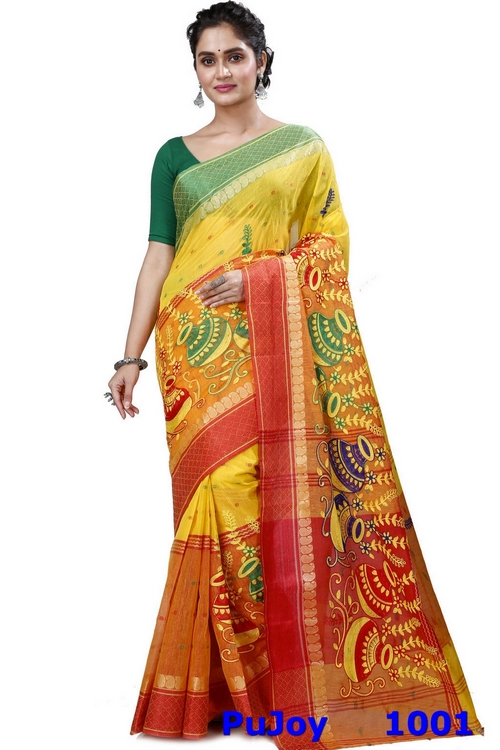 Yellow Red Pure Cotton Embi_Ganga_Buti Tant Embroidery (1001)