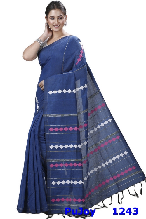 Blue Pure Cotton Tika Applique Saree (1243)