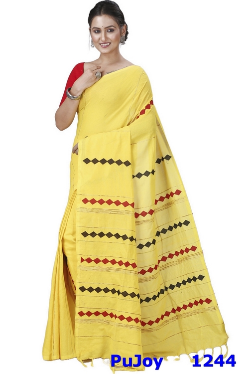Yellow Pure Cotton Tika Applique Saree (1244)