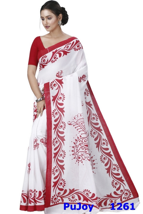 White Pure Cotton Teba Printed Handloom Saree (1261)