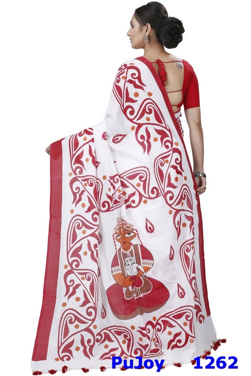 Red White Pure Cotton Teba Printed Handloom Saree (1262)