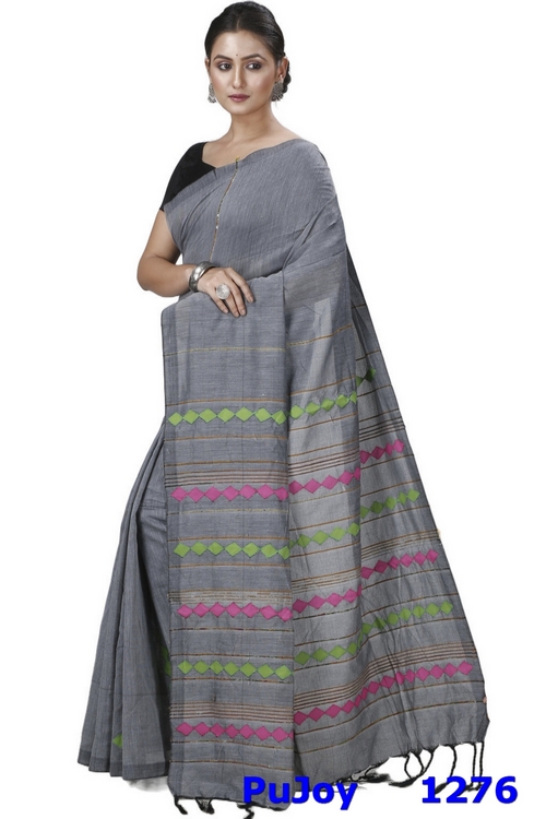 Grey Pure Cotton Tika Applique Saree (1276)