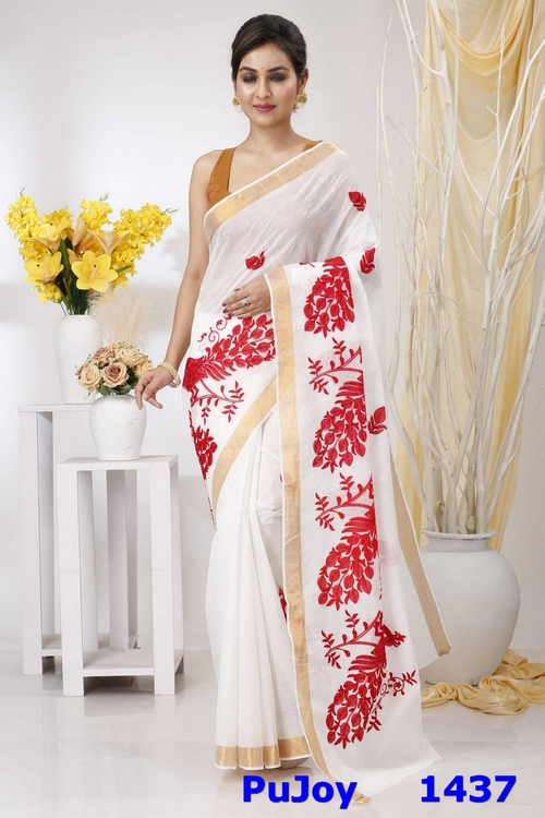 White Red Pure Cotton Leo Tant Embroidery (1437)