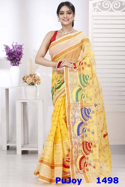 Yellow Pure Cotton Embi Debdash Ghot Tant Embroidery (1498)