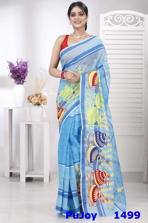 Sky Blue Pure Cotton Embi Debdash Ghot Tant Embroidery (1499)