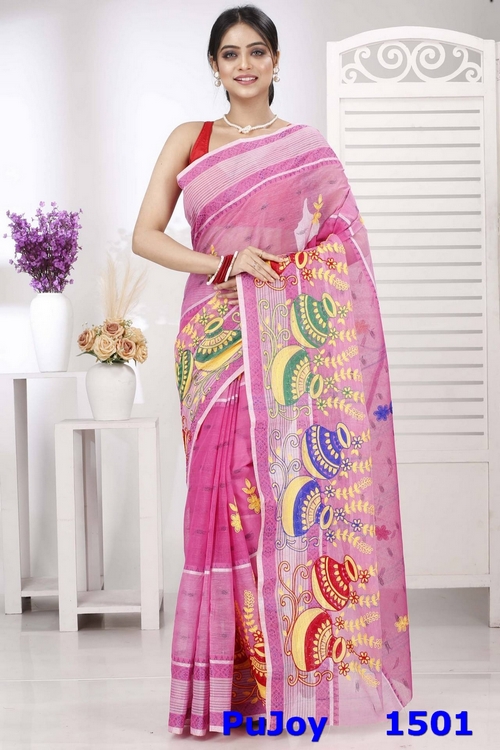 Pink Pure Cotton Embi Debdash Ghot Tant Embroidery (1501)