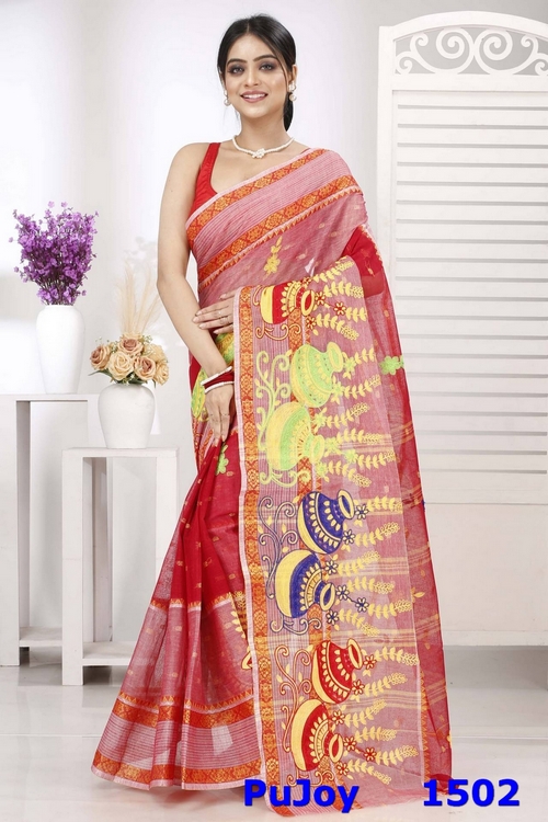 Red Pure Cotton Embi Debdash Ghot Tant Embroidery (1502)