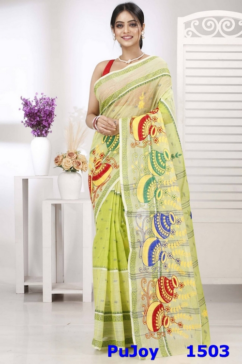 Lime Green Pure Cotton Embi Debdash Ghot Tant Embroidery (1503)
