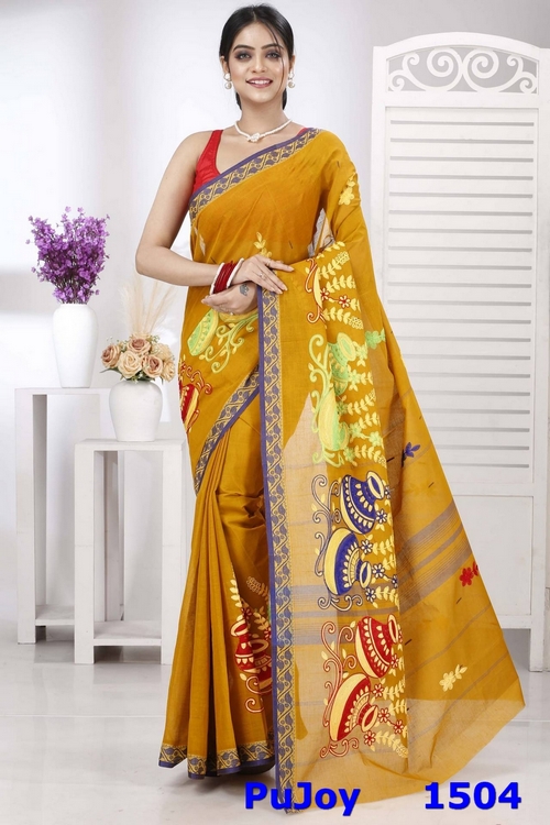 Mustard Yellow Pure Cotton Embi Gaela Ghot Tant Embroidery (1504)