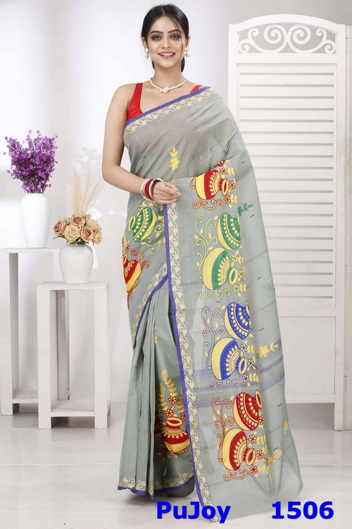 Light Grey Pure Cotton Embi Gaela Ghot Tant Embroidery (1506)