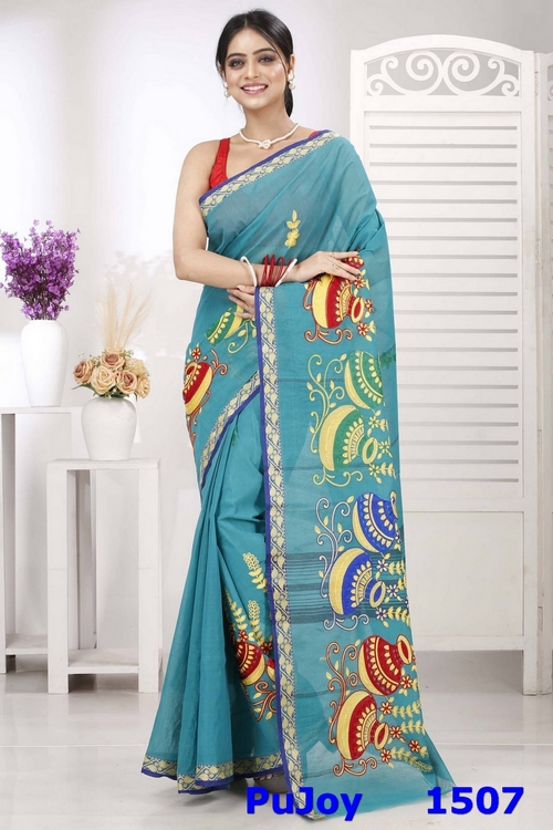 See Green Pure Cotton Embi Gaela Ghot Tant Embroidery (1507)