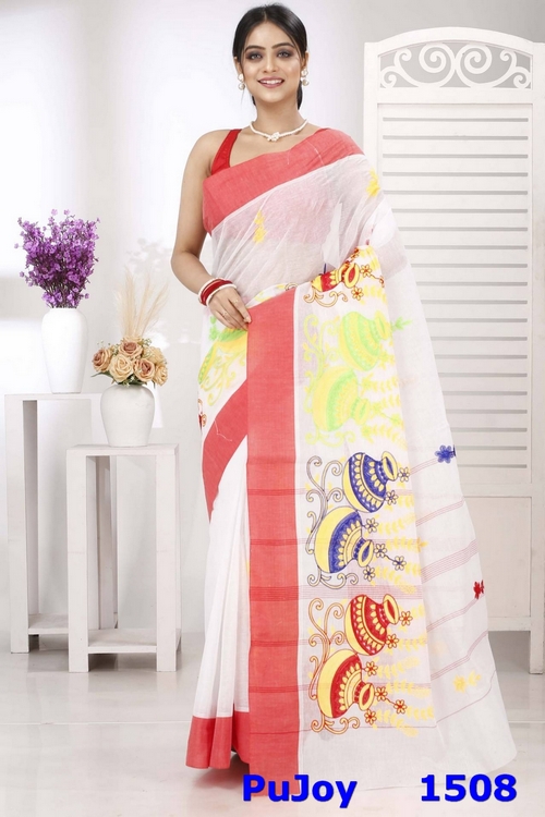 White Red Pure Cotton Embi Elu Ghot Tant Embroidery (1508)