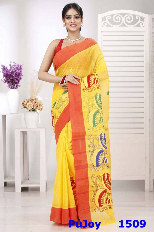 Yellow Red Pure Cotton Embi Elu Ghot Tant Embroidery (1509)