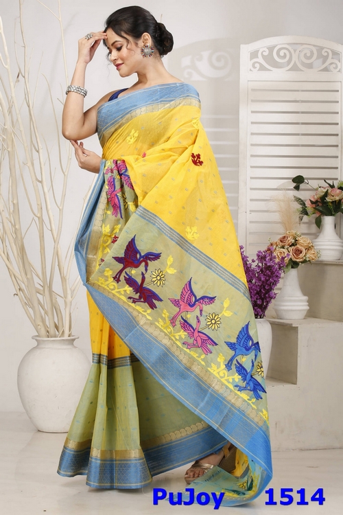 Light Yellow Pure Cotton Embi Ganga Bok Tant Embroidery (1514)