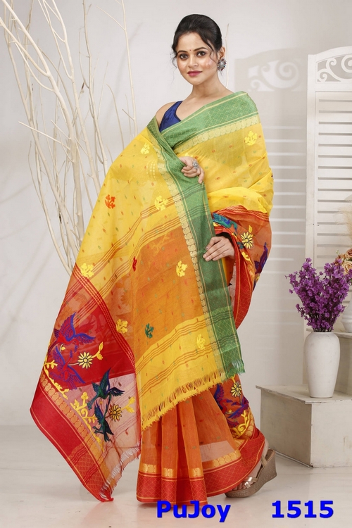 Yellow Red Pure Cotton Embi Ganga Bok Tant Embroidery (1515)