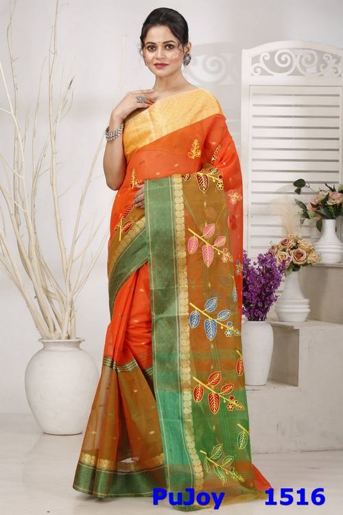 Orange Green Pure Cotton Embi Ganga Pata Tant Embroidery (1516)