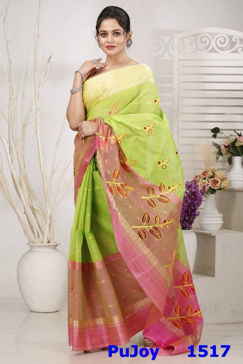 Light Green Pure Cotton Embi Ganga Pata Tant Embroidery (1517)